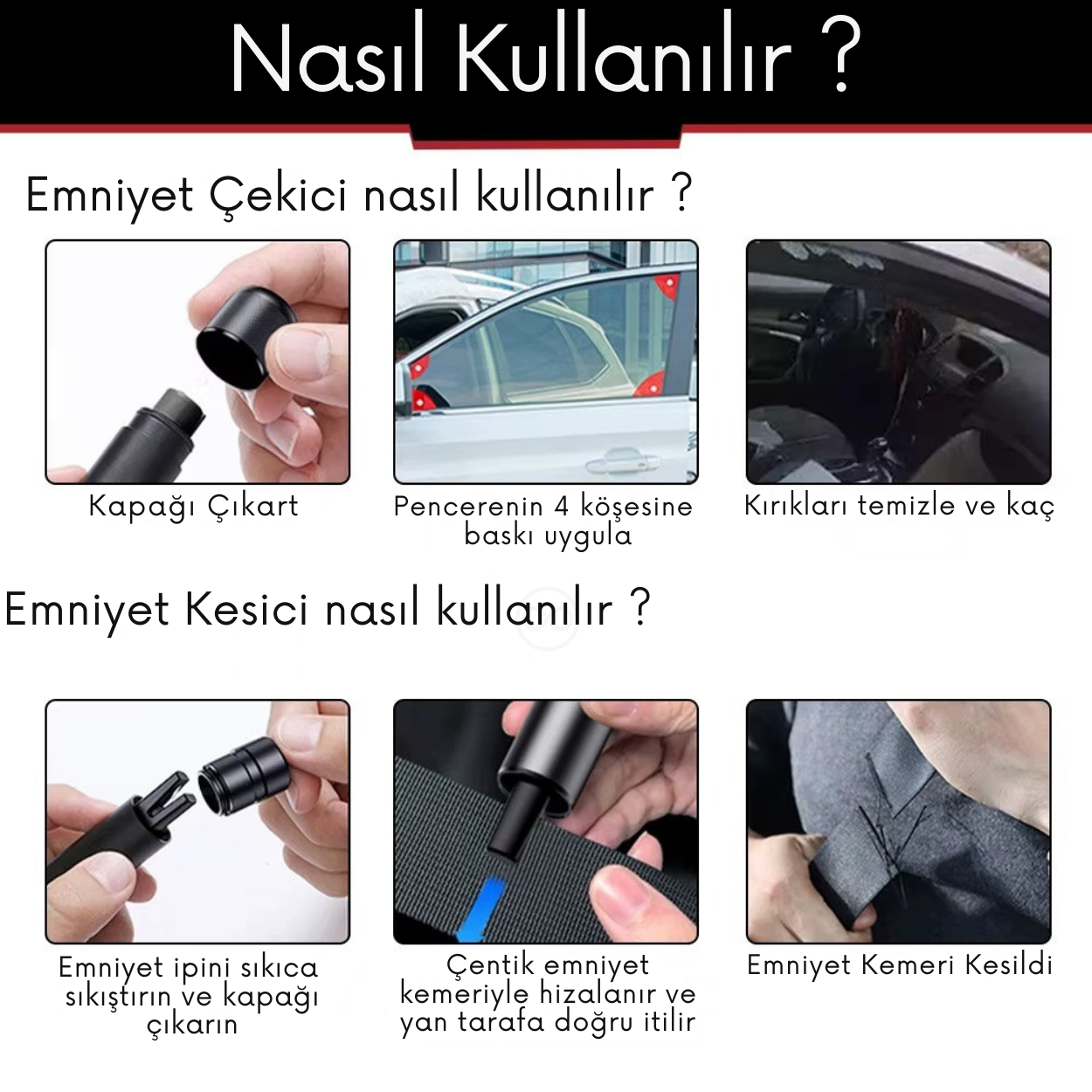 2'si 1 Arada Araç Güvenlik Çekici ve Emniyet Kemeri Kesici